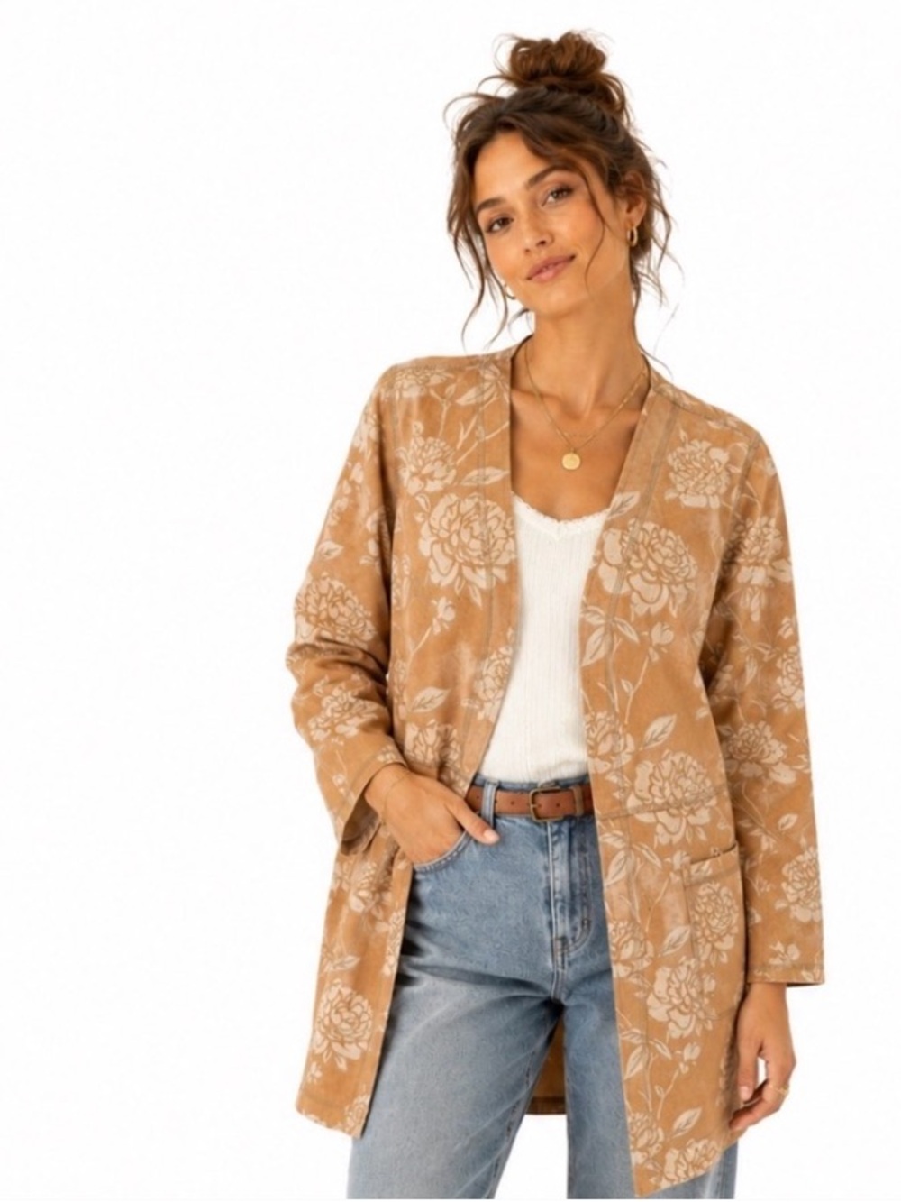 Solitare faux suede floral metallic long duster cardigan large